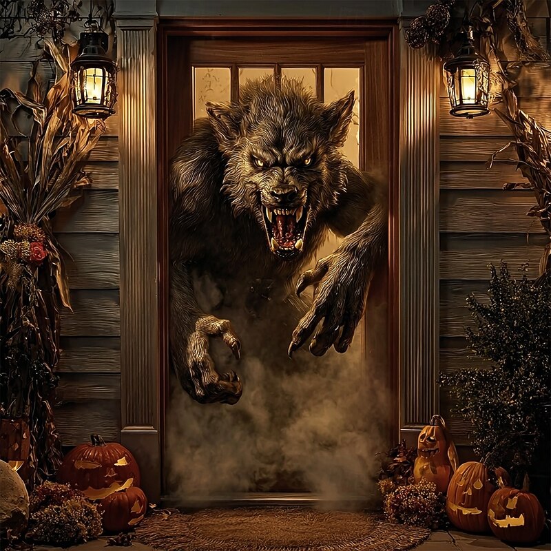 Halloween Door Cover Outdoor Banners Broken Effect Werewolf 3D Dark Punk Gothic Style Party Outdoor Shooting Backgrounds Front Door Wall Porch Decorations Wall Door Background4