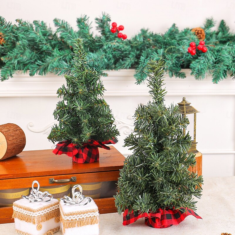 Christmas Mini Tree Tabletop Desktop Artificial Christmas Tree Xmas Decor Red Black Plaid Pine Needle Faux Tree for Holiday Party Window Display Festive Home Decoration Accessory3