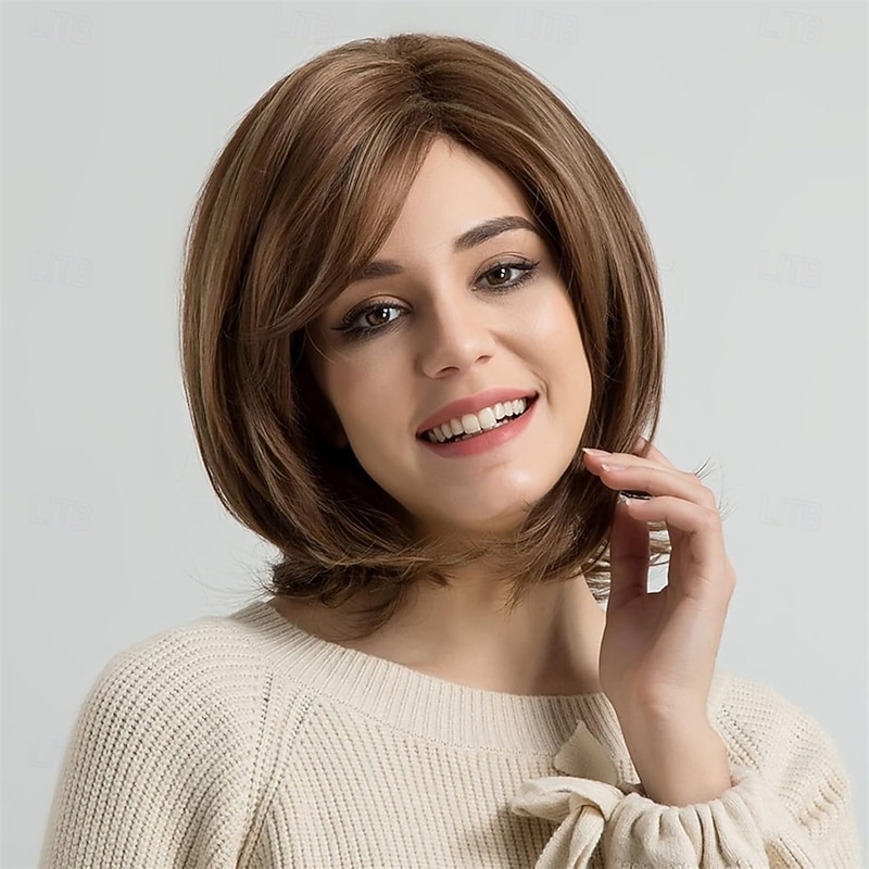 Bob Wig with Bangs for Women Short Brown Straight Bob Wigs Shoulder Length Heat Fiber Hair Wigs Cosplay Wig for Girl3