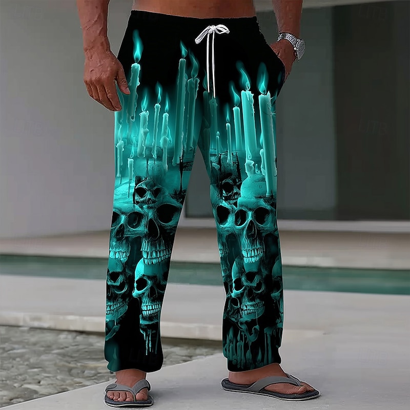 Halloween Men's Halloween Costumes Skulls Trousers Baggy Pants Casual Pants Mid Waist Dark Gothic Style Holiday Elastic Drawstring Waist Linen-Like Pants with Pockets Spring Fall 3D Print Black Green2