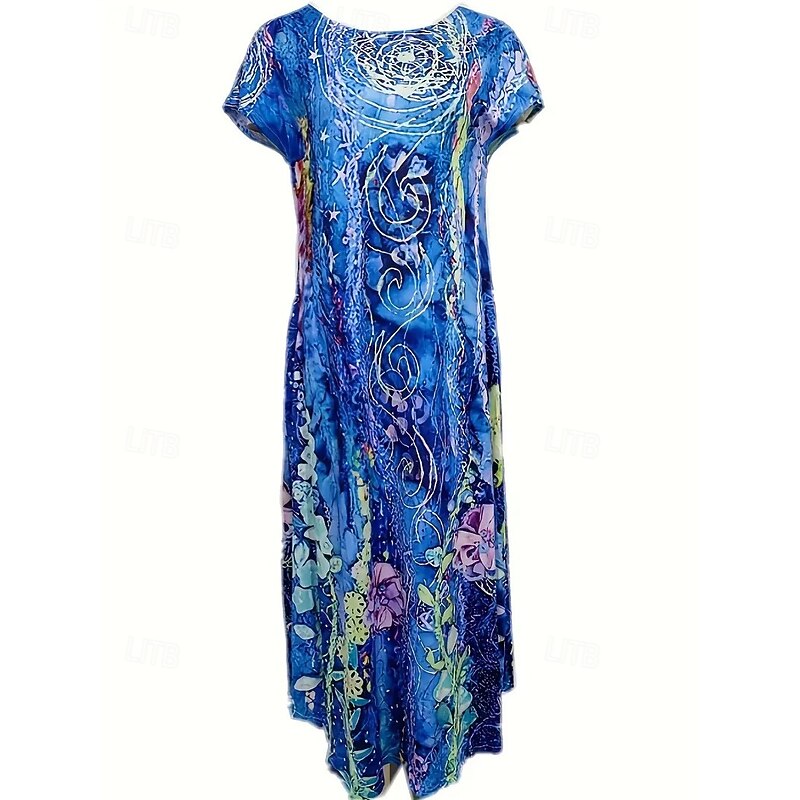 Women's Maxi Dress Sheath Dress T Shirt Dress Tee Dress Casual Boho Wedding Guest Daily Date Floral Graphic Long Sleeve Crew Neck Blue Green Gray Spring Fall Winter Autumn2