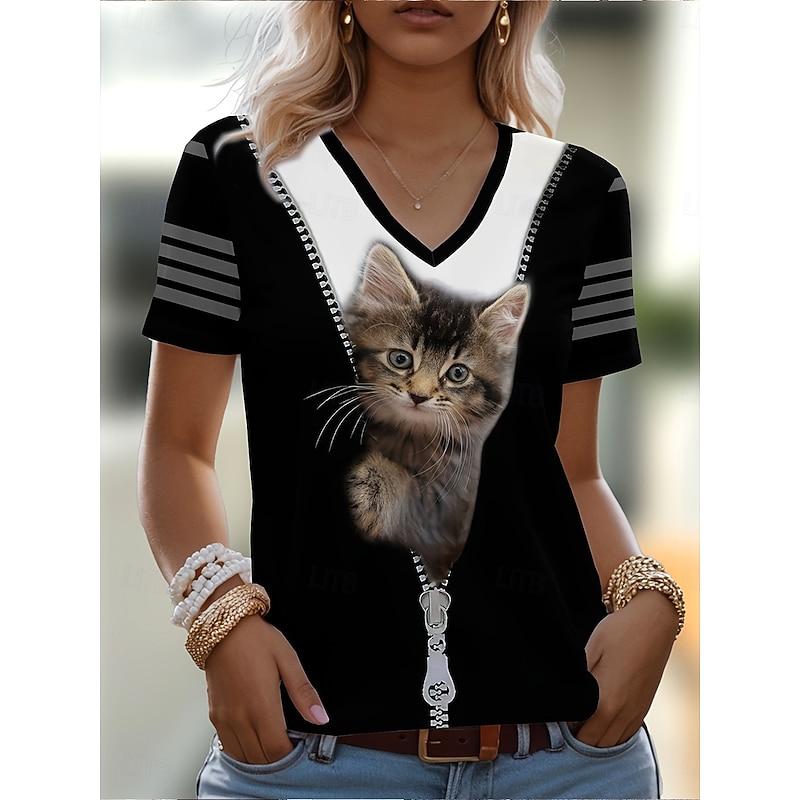 Women's T Shirt Graphic Animal Cat Vintage Stylish Classic Short Sleeve V Neck Regular Tops Daily Weekend Print Black Summer Spring Fall