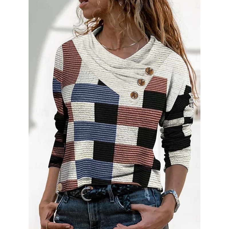 Women's T shirt Long Sleeve Geometric Abstract Vintage Stylish Basic Long Sleeve Pile Neck V Neck Regular Tops Daily Weekend Buttons Print White Gray Spring Fall Winter Prefall