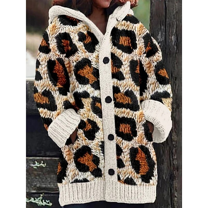 Women's Cardigan Vacation Daily Floral Ribbed Hooded Knitted Print Front Pocket Long Sleeve Regular Tops Knit Outdoor Daily Holiday Yellow Khaki Fall Winter