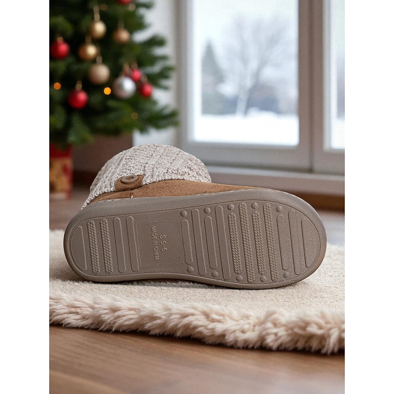 Women's Brown Faux Suede Winter Ankle Boots – Knit Cuff Button Detail, Plush Lining, Cozy Indoor & Outdoor Casual Footwear4