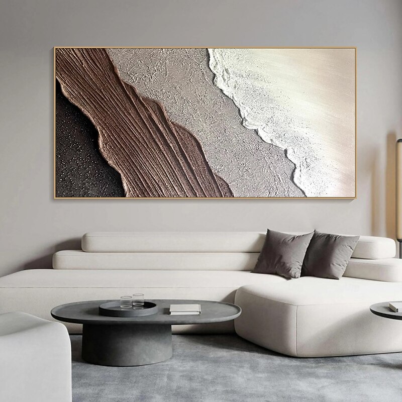 3D Framed Textured Wall Art Ocean Wave Painting on Canvas Triptych Home Decor Brown Minimalist Painting Earth Tone Wabi-Sabi Living Room Art2