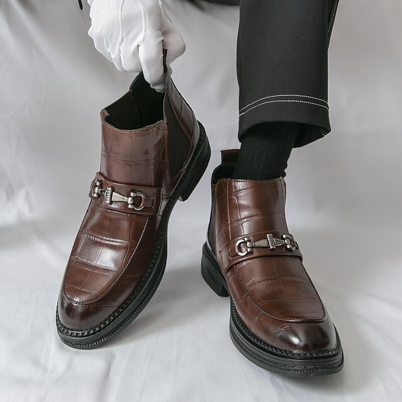 Men's Brown Chelsea Boots with Metal Buckle, Faux Leather Slip-On Ankle Dress Boots for Business, Office and Formal Wear4