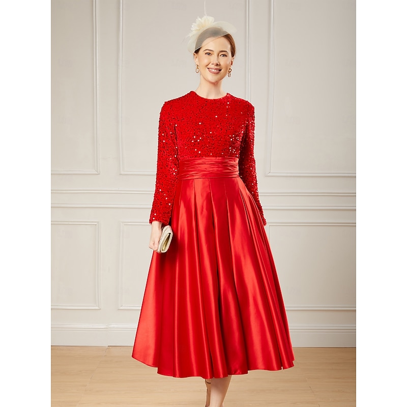 A-Line Sequin Cocktail Dresses Elegant Dress Wedding Guest Tea Length Long Sleeve Jewel Neck Satin with Pleats Dresses4