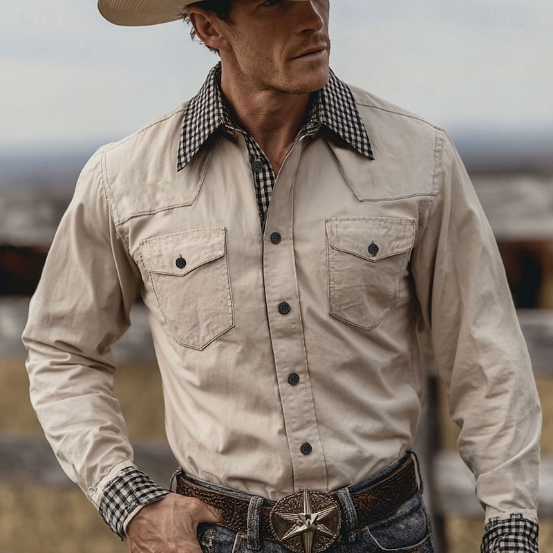 Men's Geometric Plaid Checkered Shirt Western Shirt Cowboy Shirt Long Sleeve Vintage Retro Outdoor Daily WorkWear Fall & Winter Turndown 3D Print Front Two Pockets Button Up Shirts Black Green Beige