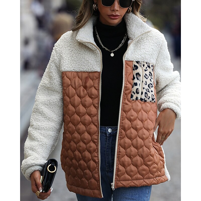 Women's Fleece Jacket Coat Warm Comfortable Patchwork Zipper Pocket Fashion Modern Casual Leopard Going out Weekend Zipper Regular Turndown Regular Fit Long Sleeve Outerwear Black Wine Army Green2