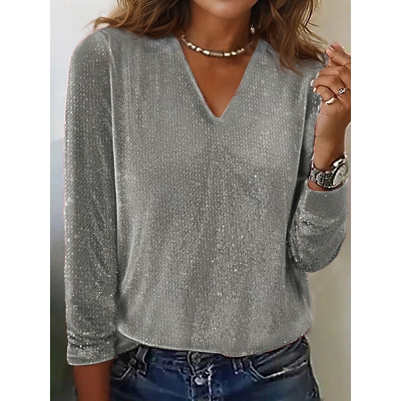 Women's Shirt Blouse Plain Basic Modern Long Sleeve V Neck Regular Tops Daily Holiday Sequins Silver Black Yellow Pink Red Summer