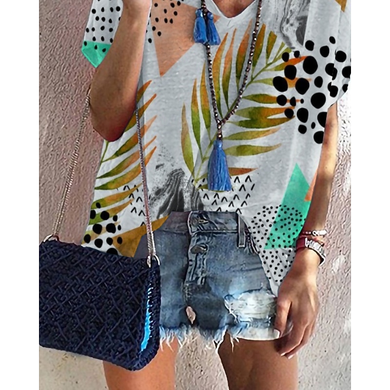 Women's T Shirt Floral Casual Short Sleeve V Neck Regular Tops Going out Weekend Print Gray Fall3