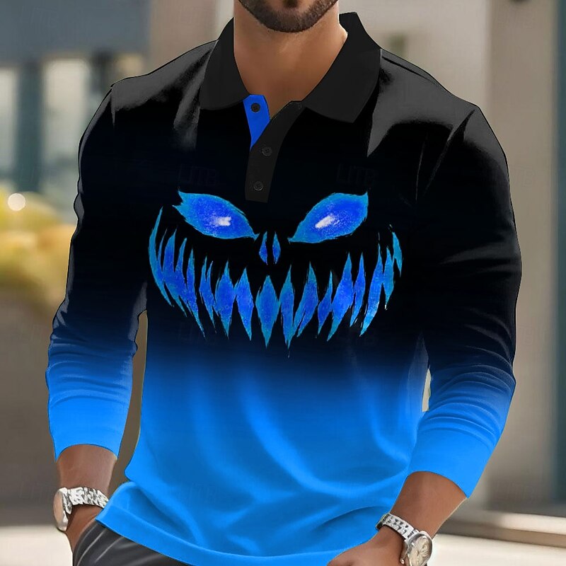 Halloween Men's Pumpkin Polo Long Sleeve Polo Shirts Lapel Casual Street Athleisure Daily Wear 3D Print Buttons Spring Fall Winter Blue Purple Orange2