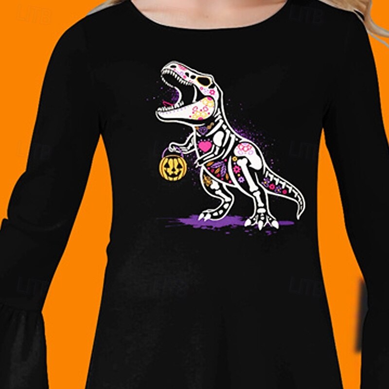 Halloween Girls' 3D Pumpkin Dinosaur Dress Ruffle Dress Long Sleeve Summer Spring Vacation Daily Holiday Beautiful Sweet Kids 4-12 Years Casual Dress Knee-length Regular Fit2