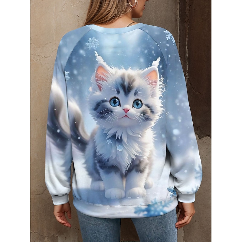 Women's Pullover Graphic Cat Casual Long Sleeve Crew Neck Regular Tops Casual Blue Purple Khaki Gray Fall Winter2