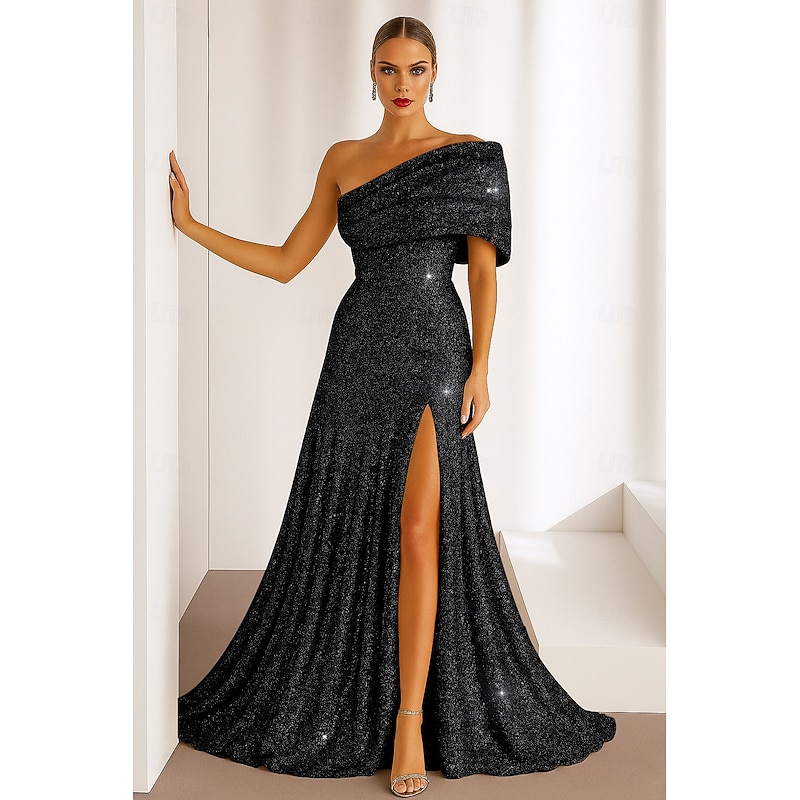 Sequined Gold Black A-Line Cocktail Dresses Elegant Dress Formal Wedding Floor Length Sleeveless One Shoulder Sequined with Glitter 20254