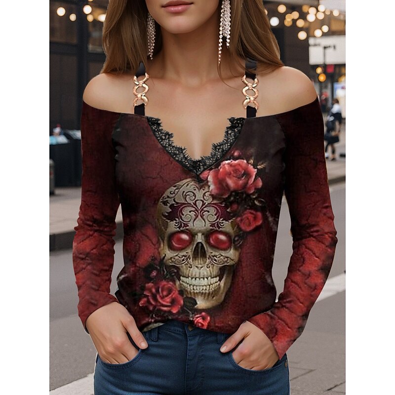 Halloween Women's Blouse Floral Skulls Print Graphic Skull Vintage Stylish Casual Long Sleeve V Neck Regular Tops Daily Going out Patchwork Print White Wine Red Purple Khaki Spring Fall