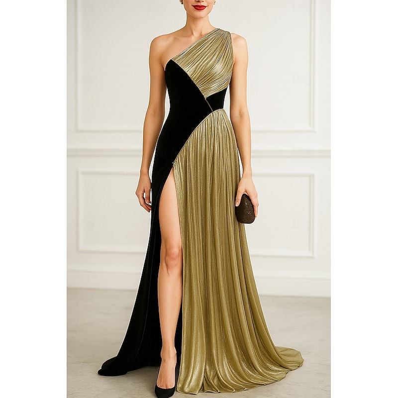 Black Gold A-Line Evening Gown Elegant Dress Formal Wedding Floor Length Sleeveless One Shoulder Velvet with Pleats 2025