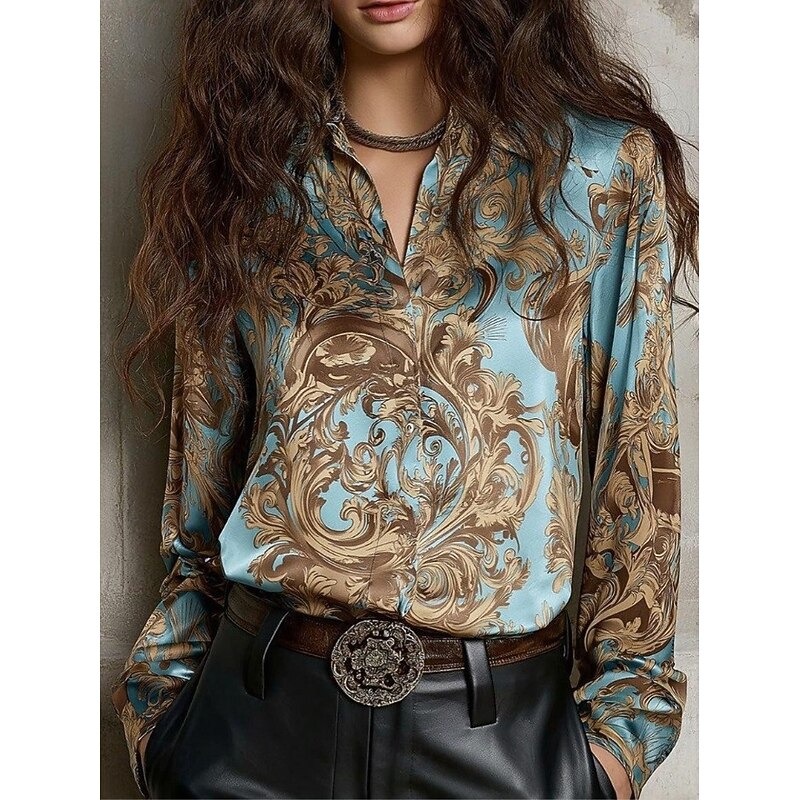 Women's Work Shirt Floral Elegant Stylish Casual Long Sleeve Shirt Collar Regular Tops Work Party Evening Wear Date Night Outfits Black White Pink Blue Fuchsia Spring, Fall, Winter, Summer - Main Image