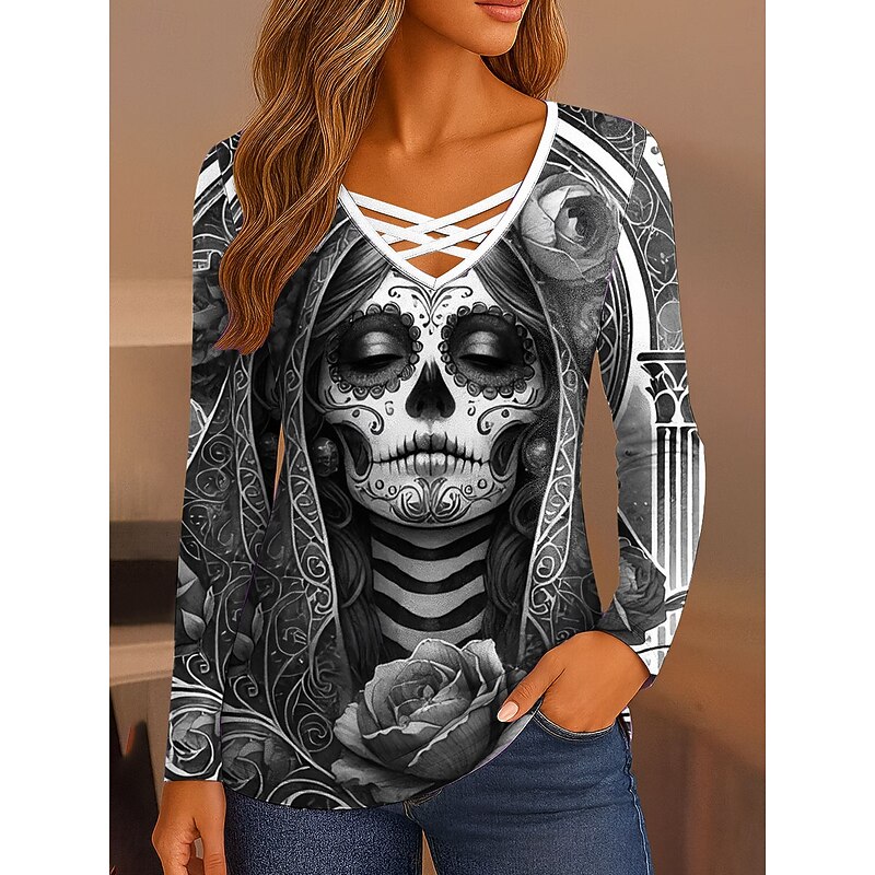 Halloween Women's T Shirt Skulls Graphic Vintage Stylish Classic Long Sleeve V Neck Regular Tops Daily Cut Out Print Red Blue Purple Green Gray Spring Fall4