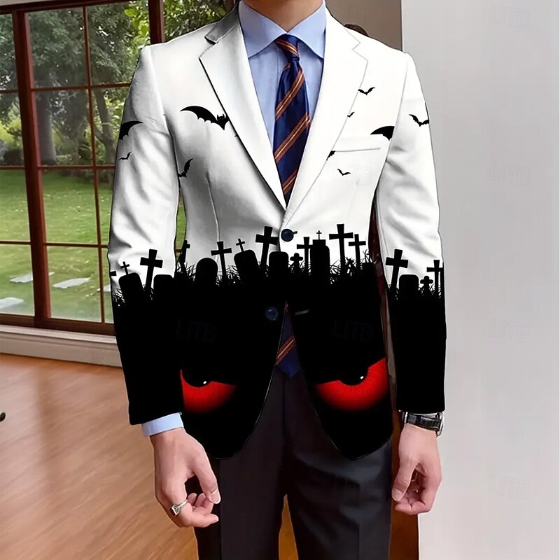 Halloween Men's Coat Blazer Outdoor Street Festival Casual Daily All Seasons 100% Polyester Bat 3D Print Buttons Comfortable Single Breasted Blazer White Purple Orange2