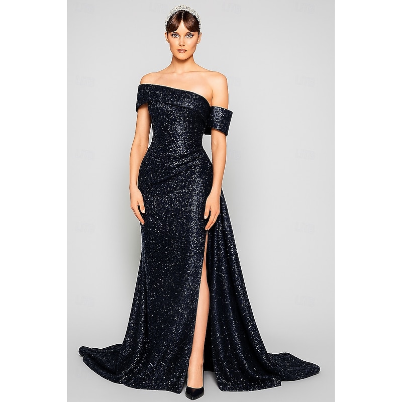 Sequined Black Blue A-Line Evening Gown Elegant Dress Carnival Formal Floor Length Short Sleeve One Shoulder Detachable with Glitter 2025