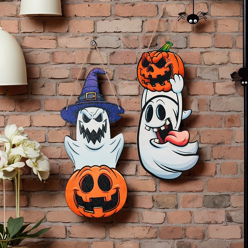 2PCS Halloween Wooden Wall Hangings – Colorful Cartoon Ghost & Pumpkin Decorative Signs, Indoor Party Decorations for Home, Family, and Halloween Themed Wall Display