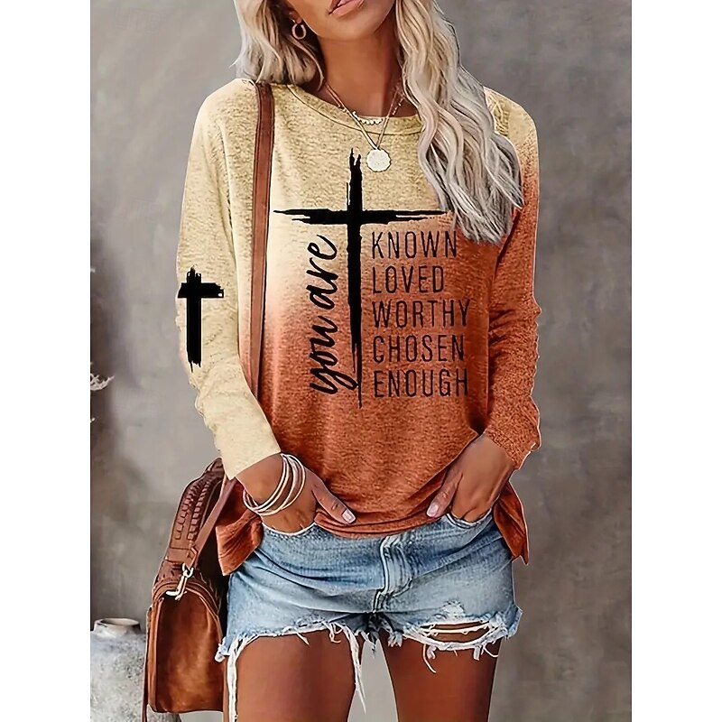 Women's T Shirt Graphic Geometric Striped Elegant Vintage Fashion Long Sleeve Crew Neck Round Neck Regular Tops Daily Going out Weekend Print Light Green Light Brown Purple Light Grey Summer Spring