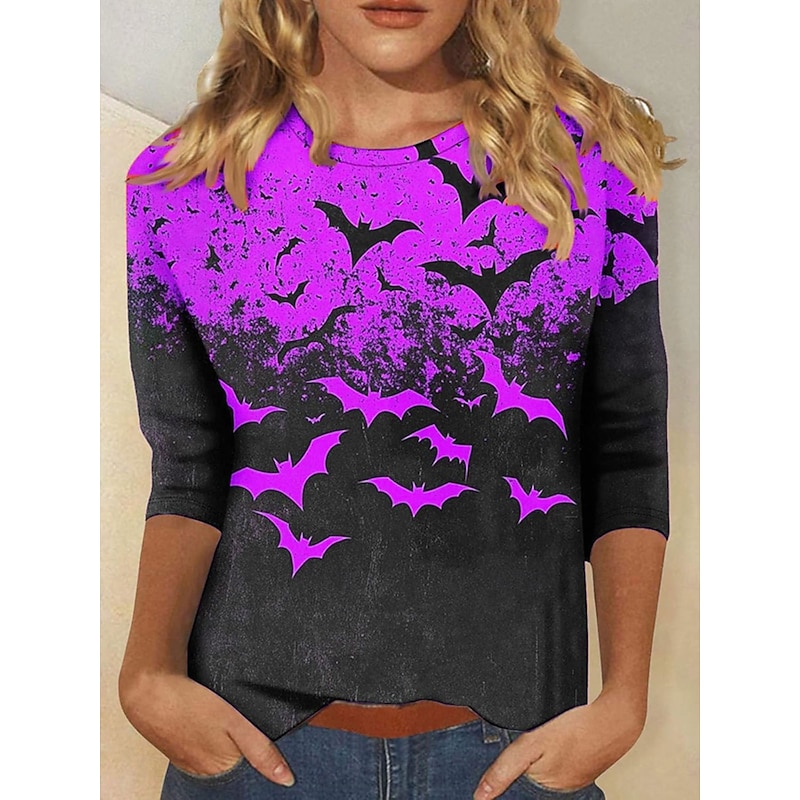 Halloween Women's T shirt Bat Long Sleeve Ombre Graphic Vintage Fashion Stylish Long Sleeve Crew Neck Round Neck Regular Tops Daily Weekend Print Blue Purple Orange Green Spring Fall Prefall3