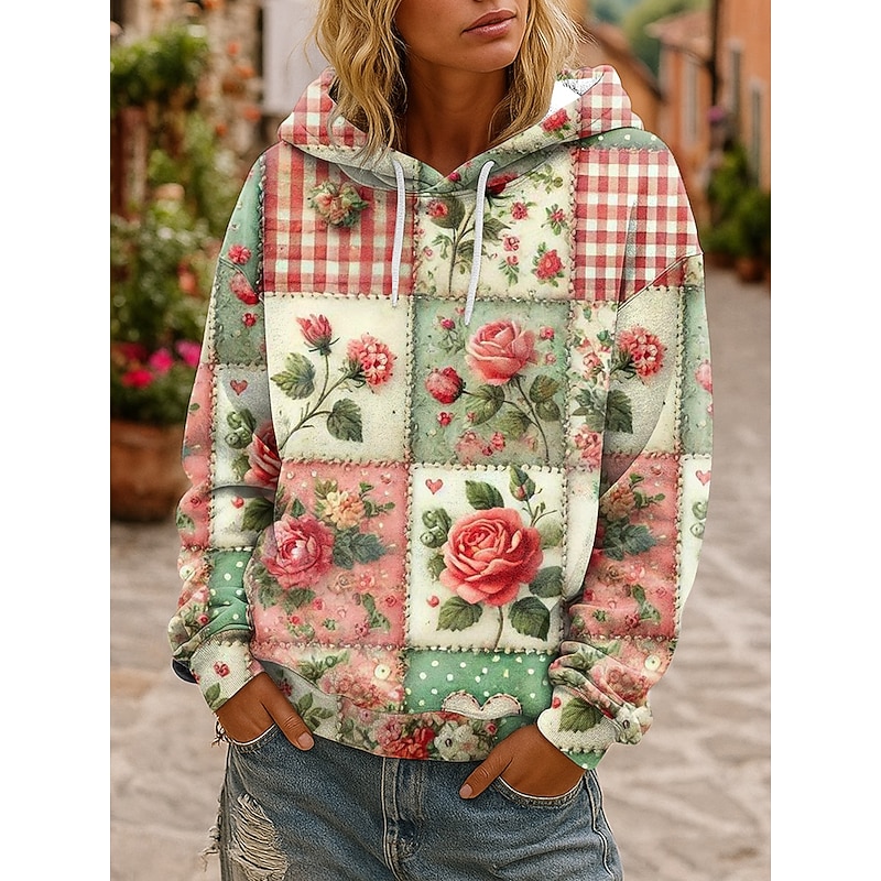Women's 3D Print Vintage Boho Hoodie Patchwork Hoodie Sweatshirt Floral s Floral Graphic Vintage Casual Long Sleeve Hooded  Street Casual Going out Patchwork Pink Blue Purple Green Spring Fall Winter