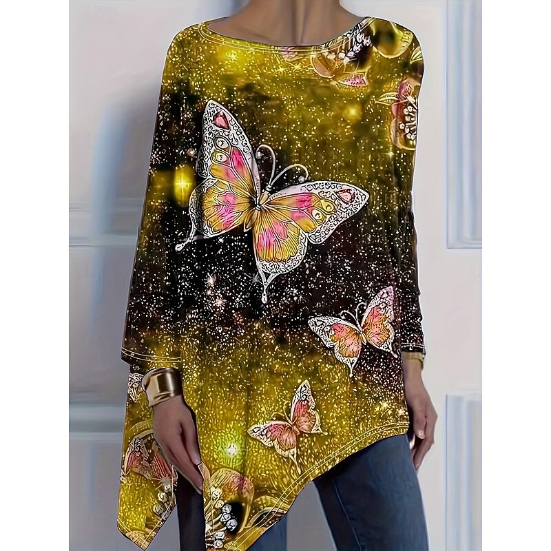 Women's T Shirt Graphic Geometric Butterfly Vintage Stylish Casual Long Sleeve Crew Neck Long Tops Daily Print Asymmetrical Yellow Purple Green Spring Fall2