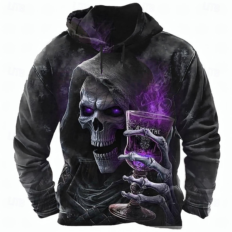 Halloween Men's Grim Reaper Reaper Absinthe Hoodie Sweatshirt Punk Exaggerated Long Sleeve Crew Neck Club Streetwear Red Purple Drawstring Fall Winter Designer2