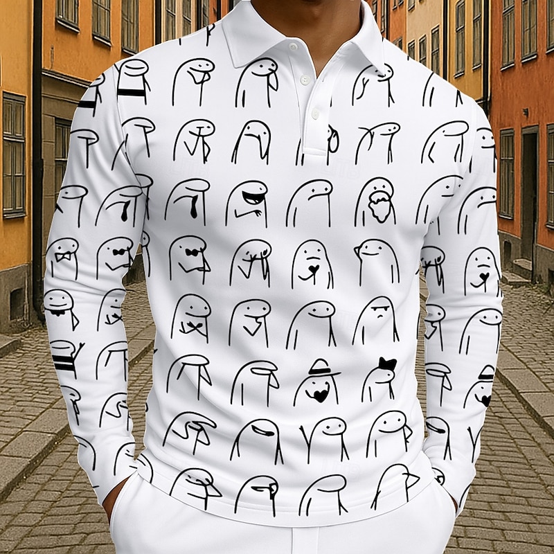 Mens Long Sleeve Polo Shirt Funny Flork Meme Graphic, Casual Lifestyle Wear