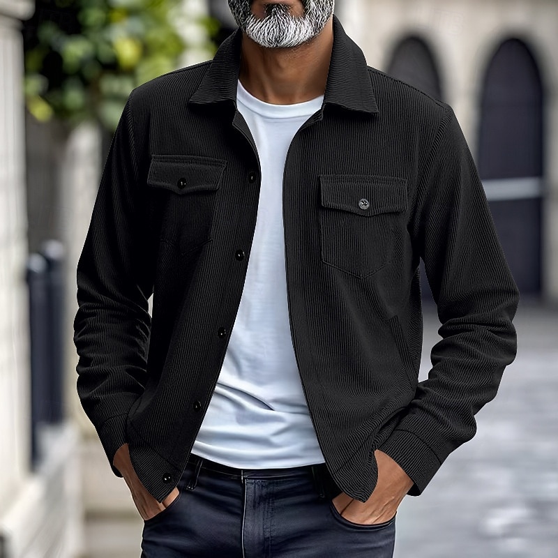 Men's Lightweight Jacket Corduroy Jacket Casual Jacket Vacation Daily Breathable Pocket Spring Fall Plain Fashion Classic Lapel Regular Black Brown Light Grey Army Green Apricot Jacket3