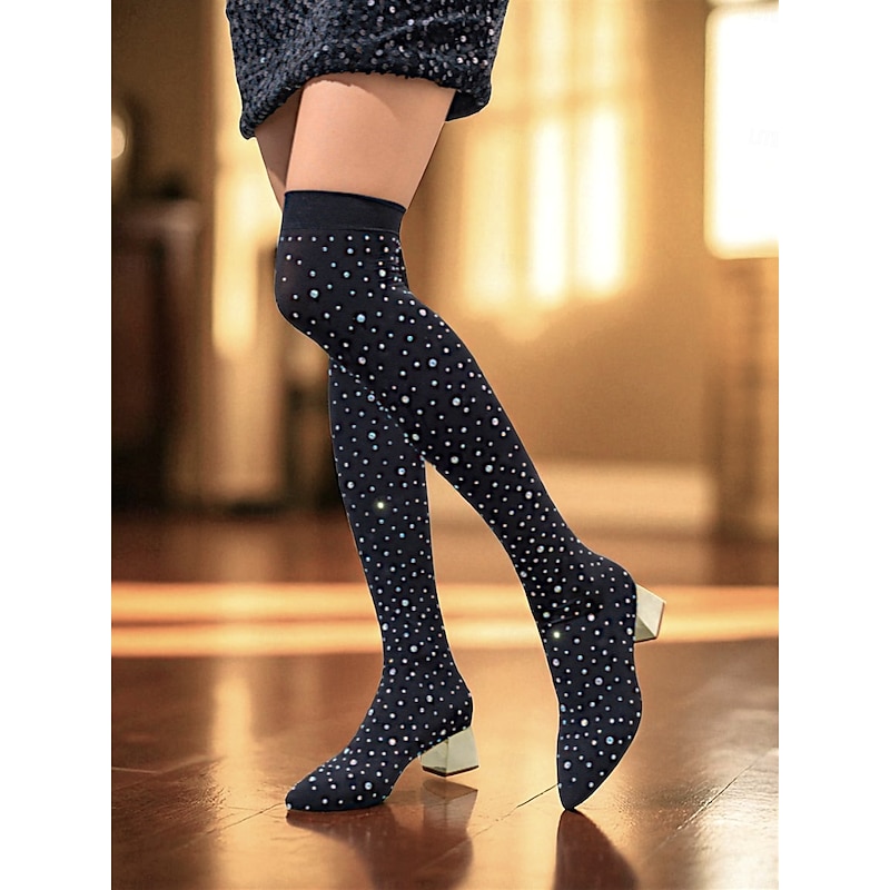 Women's Black Rhinestone Over-the-Knee Boots with Pointed Toe and Block Heel - Sparkly Nightlife Party Fashion Footwear3