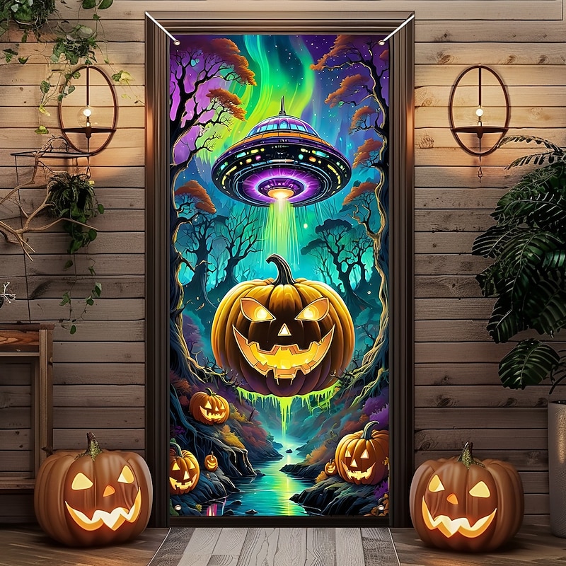 Halloween Door Cover Outdoor Banners Pumpkin UFO Fantasy Psychedelic Dark Punk Gothic Style Party Outdoor Shooting Backgrounds Front Door Wall Porch Home Decor3