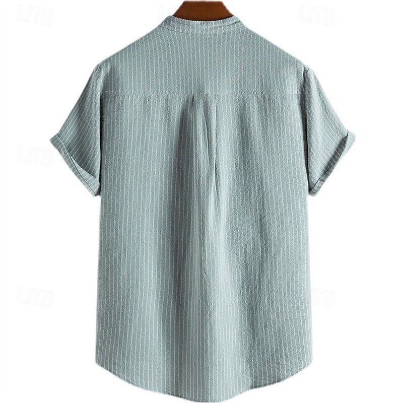 Men's Shirt Popover Shirt Summer Shirt Casual Shirt Beach Shirt White Light Green Pink Navy Blue Sky Blue Short Sleeve Stripes Band Collar Vacation Hawaiian Clothing Apparel Cotton Blend Fashion2
