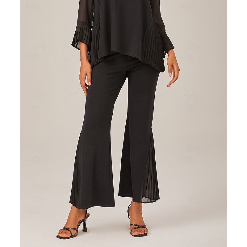 Women's Pleated Wide-Leg Pants Elastic Waistband Contrast Patchwork TENCEL Roma Stylish Comfortable Breathable Casual Daily Work Fall