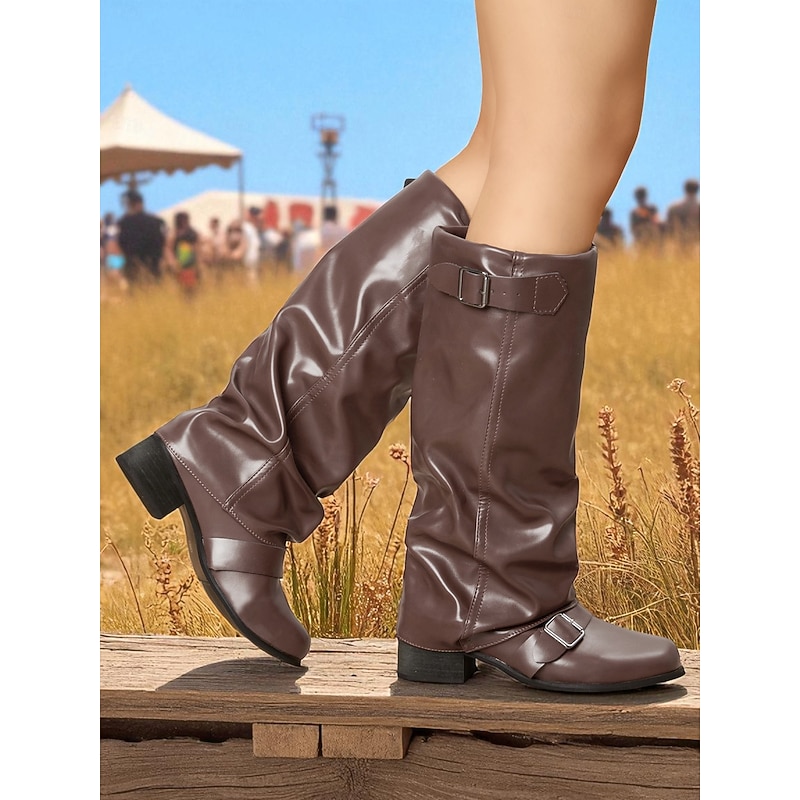 Women's Brown Knee-High Riding Boots - Faux Leather Slouchy Equestrian Style with Buckle Straps and Low Block Heel, Casual Fall Winter Footwear for Outdoor Events, Festivals and Everyday Wear3