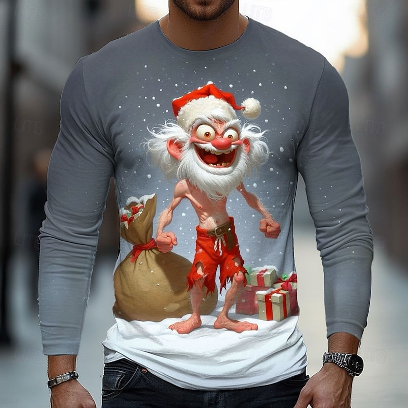 Christmas Men's 3D Old Man T Shirt Long Sleeve T shirt 3D Print Crew Neck Shirt Fashion Basic Street Casual Daily Light Blue Dark Grey#1 Purple Summer Spring Clothing Apparel S M L XL XXL XXXL2
