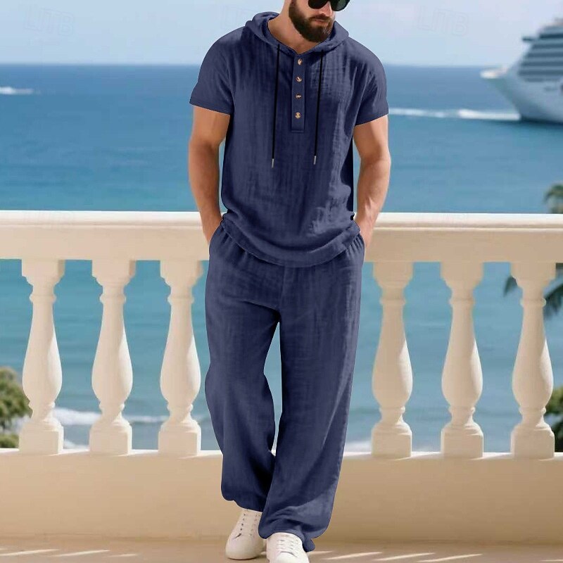 Men's T-shirt Suits Shirt and Pant Sets 2 Pieces Outfits Short Sleeve Hooded Summer Spring Plain Fashion Casual Drawstring 2 Piece Buttons Vacation Daily Wear Going out Black White Yellow Top Tee for2