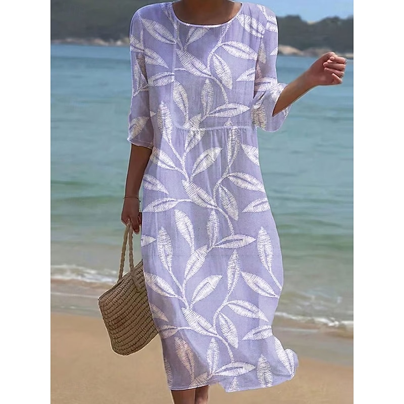 Women's Maxi Dress Kaftan 3/4 Length Sleeve Crew Neck Casual Dress A Line Dress Boho Regular Fit Graphic Leaf Yellow Pink Blue Purple Spring Fall4