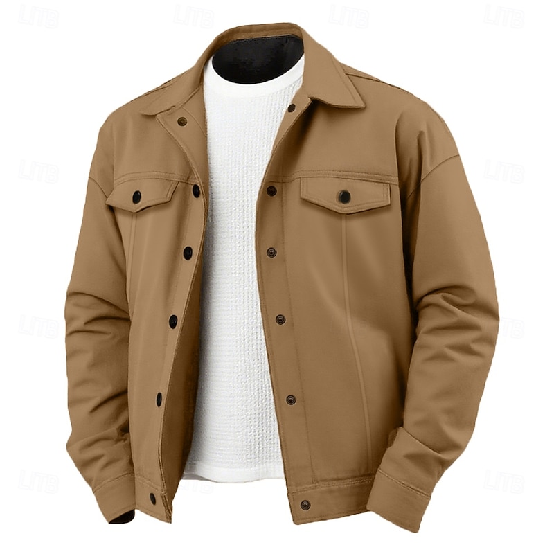 Men's Lightweight Jacket Shirt Jacket Formal Home Portable Button Front Spring Fall Winter Solid Color Active Vintage Turndown Regular Black White Brown Light Grey Jacket