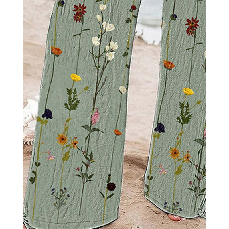 Women's Wide Leg Pants Trousers Palazzo Pants Fashion Boho Full Length High Waist Flower Drawstring Elastic Waist Print Breathability Comfortable Street Daily Wear Going out Green Spring Fall Regular3