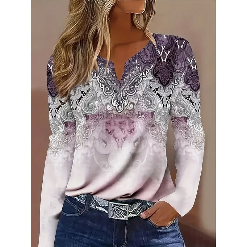 Women's T Shirt Graphic Plants Tribal Vintage Stylish Casual Long Sleeve V Neck Notched Neck Regular Tops Daily Weekend Print Blue Purple Spring Fall Winter
