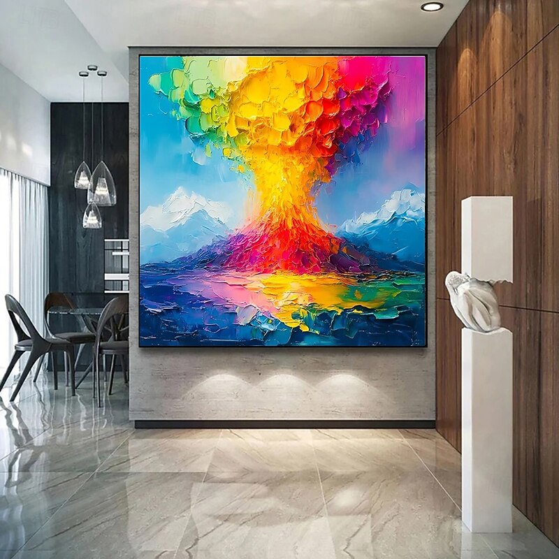 Red Yellow Blue Knife Painting Handmade Oil Painting Modern Abstract on Canvas Wall Art Decoration Mount Fuji Volcanic Eruption Landscape for Home Decor No Frame3