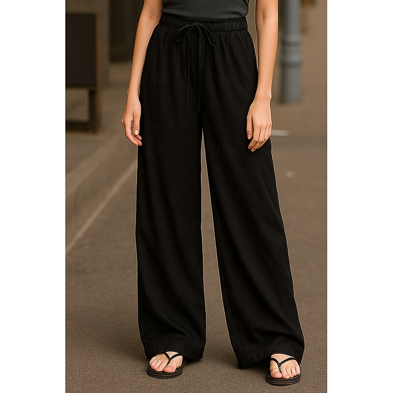 Women's Wide Leg Chinos Basic Casual Full Length High Waist Plain Pocket Elastic Waistband Comfy Soft Comfortable Stretchy Outdoor Street Black Pink Navy Blue Coffee Summer Spring Regular Fit