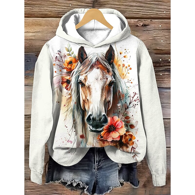 Women's Hoodie Pullover Sweatshirt Oversized Long Sleeve Casual Graphic Animal Vintage Fashion Hooded Regular Tops Street Dailywear Holiday Print White Pink Red Khaki Fall Winter