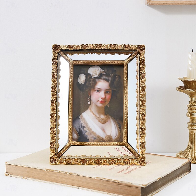 Gold Fern Leaf Pattern Decorative Photo Frame with Mirror Inlay – Home Décor Picture Frame, Horizontal & Vertical Use for Bedroom, Study, Desk, and Photography Prop4