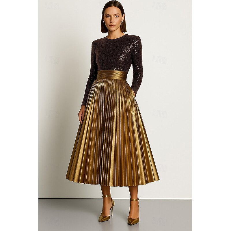Black and Gold A-Line Cocktail Dresses Elegant Dress Formal Wedding Midi Length Long Sleeve Crew Neck Stretch Sequined with Metallic Golden Pleats and Pockets 20254
